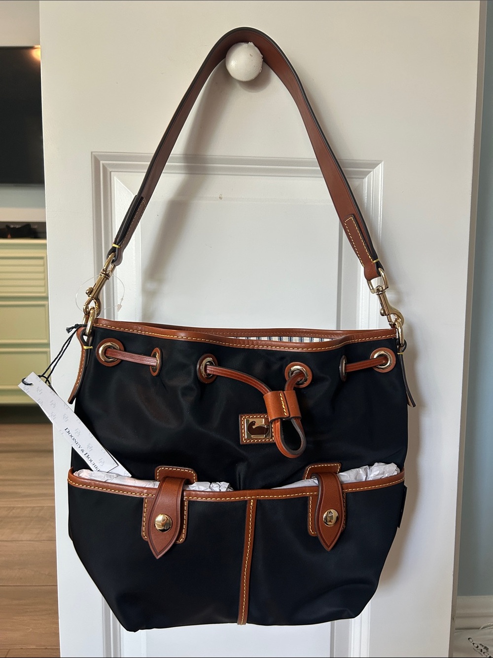 Black and Brown Drawstring Shoulder Bag by Dooney & Bourke